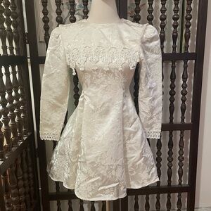 GUNNE SAX Vtg 90s Ivory Floral Jacquard Flower Girl Long Sleeve Girls Dress Sz 6